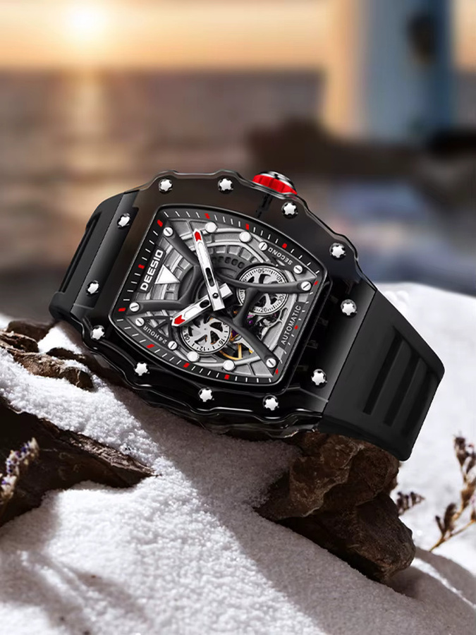 Deesio Armbanduhr Automatik, Tonneau, Schwarz, Silikon, Herren - Bild 6