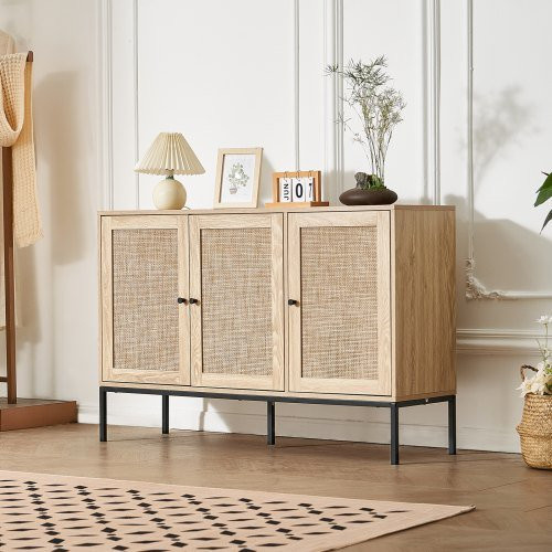 VEVOR Rattan Sideboard Buffet Cabinet mit 3 magnetischen Türen und verstellbaren Regalen, beige, B/T/H: 80 x 36 x 29,3 cm - Bild 1
