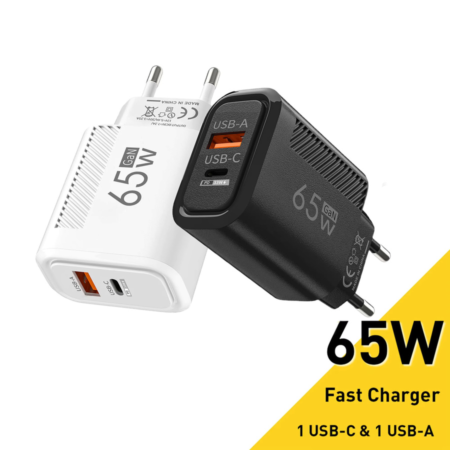 GAN Ladegerät mit 2 USB-C Ports 65 W Quick Charge 3.0 Wandadapter für iPhone, Huawei und Xiaomi in Schwarz oder Weiß - Bild 2