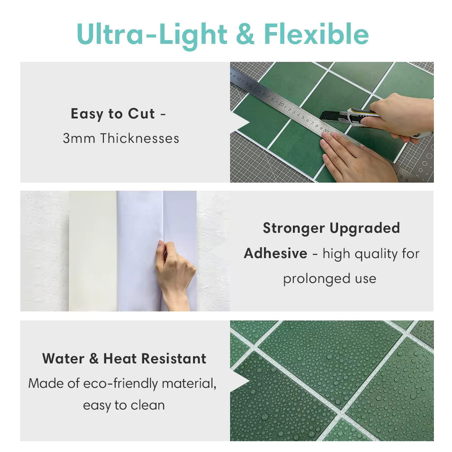 10 Stück quadratische PVC-Wandpaneele von COMMOMY in Blau und Grün, selbstklebende dekorative Wandpaneele, wasserdicht und einfach zu installieren - Bild 4