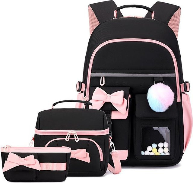 3er Set Schulrucksack für Mädchen von Fancy Style Studio inklusive Brotdose und Federmäppchen in Schwarz - Bild 1