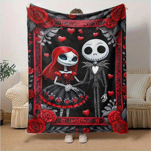 Living Need Y Flanell-Kuscheldecke Jack und Sally Skelett-Paar, Schwarz, B/T: 130 x 150 cm - Bild 1