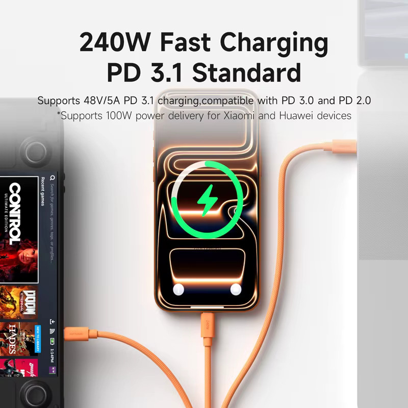 Hagibis Magnetisches USB-C-Kabel Spiralförmiges C-zu-C-Ladekabel 240W Schnellladung in Orange für iPhone 16/17 Pro und CarPlay - Bild 3