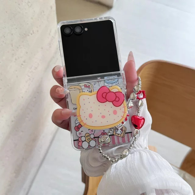 Handyhülle mit Sanrio Hello Kitty Cartoon Design und Ständer-Halter für Samsung Galaxy Z Flip 7, 6, 5, 4, 3, transparente TPU-Hülle mit Umhängeband - Bild 1