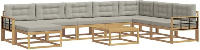vidaXL Outdoor-Sofagarnitur L-Form aus massivem Akazienholz mit Polsterkissen in Weiß und Hellgrau, 9-teiliges Set - Bild 1