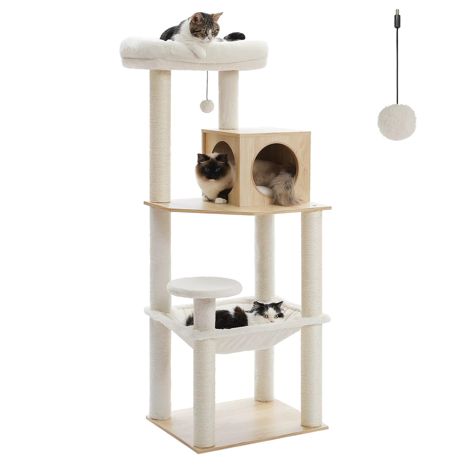 PAWZ Road Kratzbaum aus Holz in Beige mit Sisal-Elementen, Hängematte und Plüschbett, moderner mehrstufiger Katzenturm für den Innenbereich - Bild 2