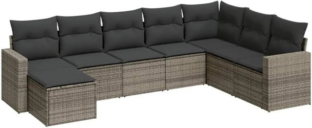vidaXL 8-tlg. Garten-Sofagarnitur in L-Form aus Poly-Rattan mit Kissen, Grau - Bild 1