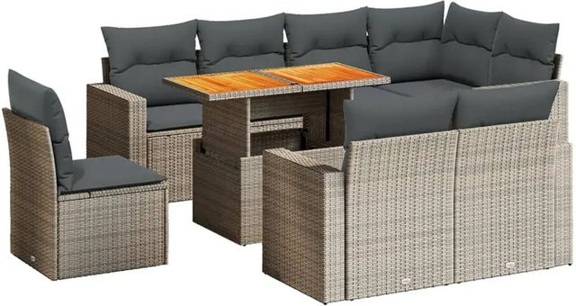 vidaXL 9-teilige Garten-Sofagarnitur in L-Form aus grauem Poly-Rattan mit Kissen und Akazienholz - Bild 1