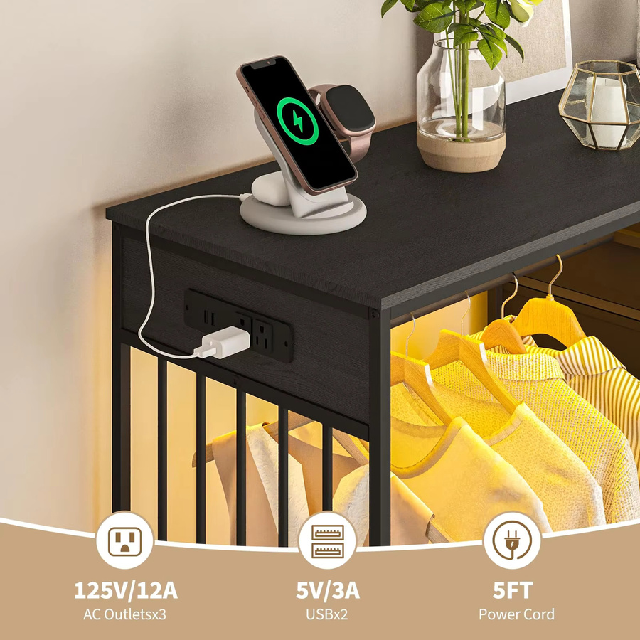 GarveeHome Kleiderschrank für Schlafzimmer mit 6 Schubladen, LED-Beleuchtung und Ladestation, Metall und Holz, Farbe: Schwarz/Braun, B/T/H: 125 x 40 x 120 cm - Bild 5