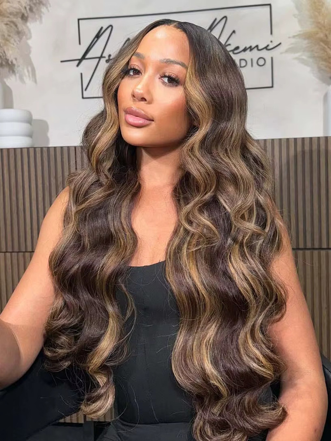UVEOUS Echthaarperücke, Lace Front Perücke, Body Wave, P4/27 Highlight - Bild 7
