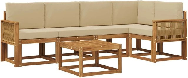 vidaXL Outdoor-Sofagarnitur aus Massivholz Akazie in Natur und Beige, 6-teiliges L-Shape Set mit Armlehnen und Kissen - Bild 1