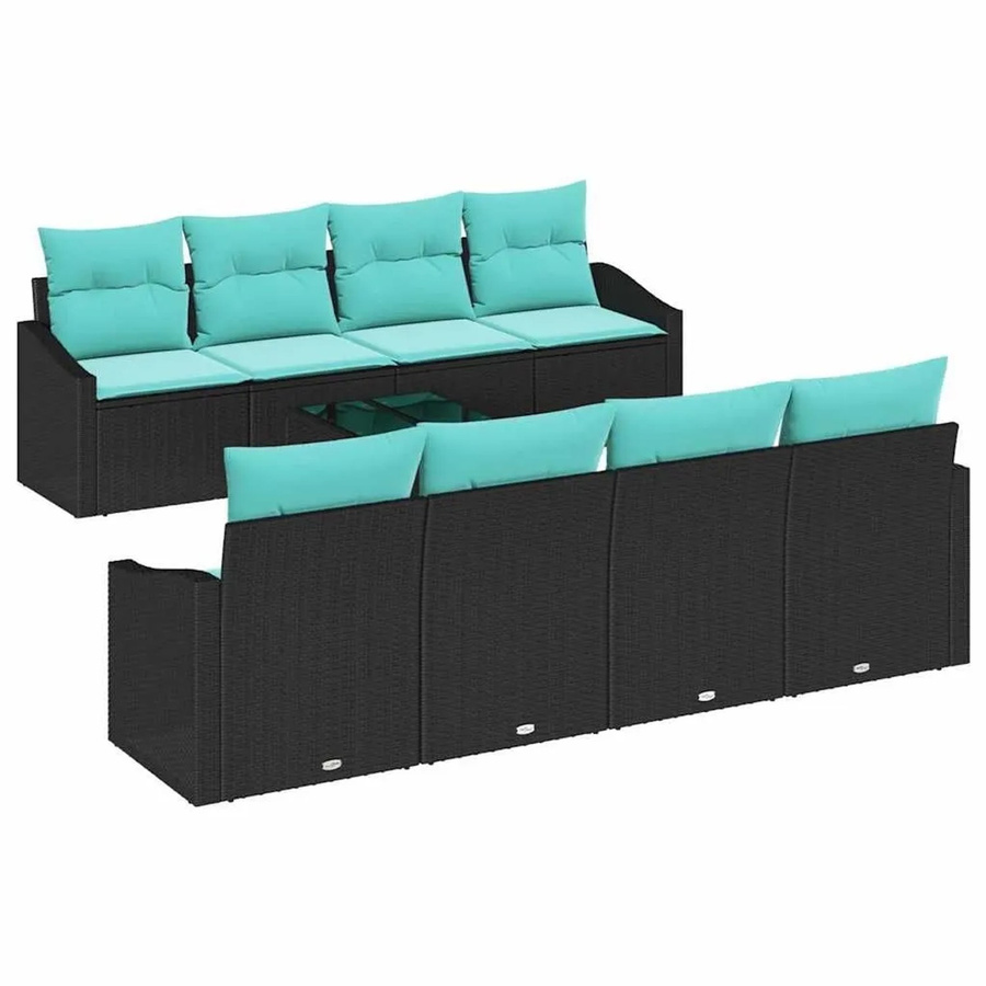 vidaXL Sofa Set aus Poly Rattan mit Kissen in Schwarz und Türkis, 9-teiliges Lounge-Set mit Tisch und Armlehnen - Bild 2