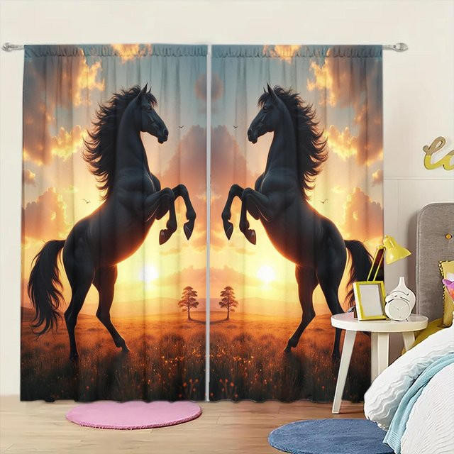 2er-Set halbtransparente Vorhänge mit Ross-Motiv bei Sonnenuntergang von Household supplies MH, Farbe: Braun/Mehrfarbig, Breite: 52,5 cm, Höhe: 116 cm - Bild 1