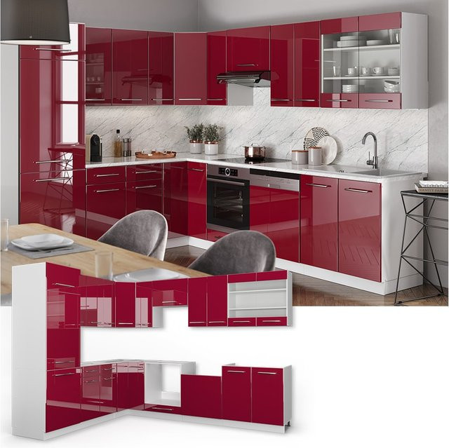 Vicco Fame-Line Eckküche Küchenzeile in Hochglanz Weiß und Rot mit Soft-Close-Türen, B/T/H: 227 x 60 x 82 cm - Bild 1