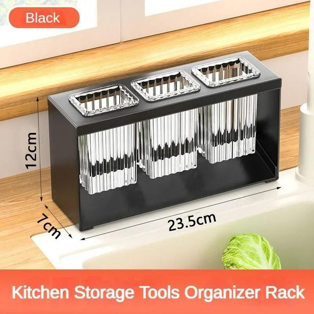 Multifunktionaler Küchenhalter von Yiran Furniture in Schwarz mit Abtropffläche für Besteck und Messer aus Edelstahl und Kunststoff - Bild 1