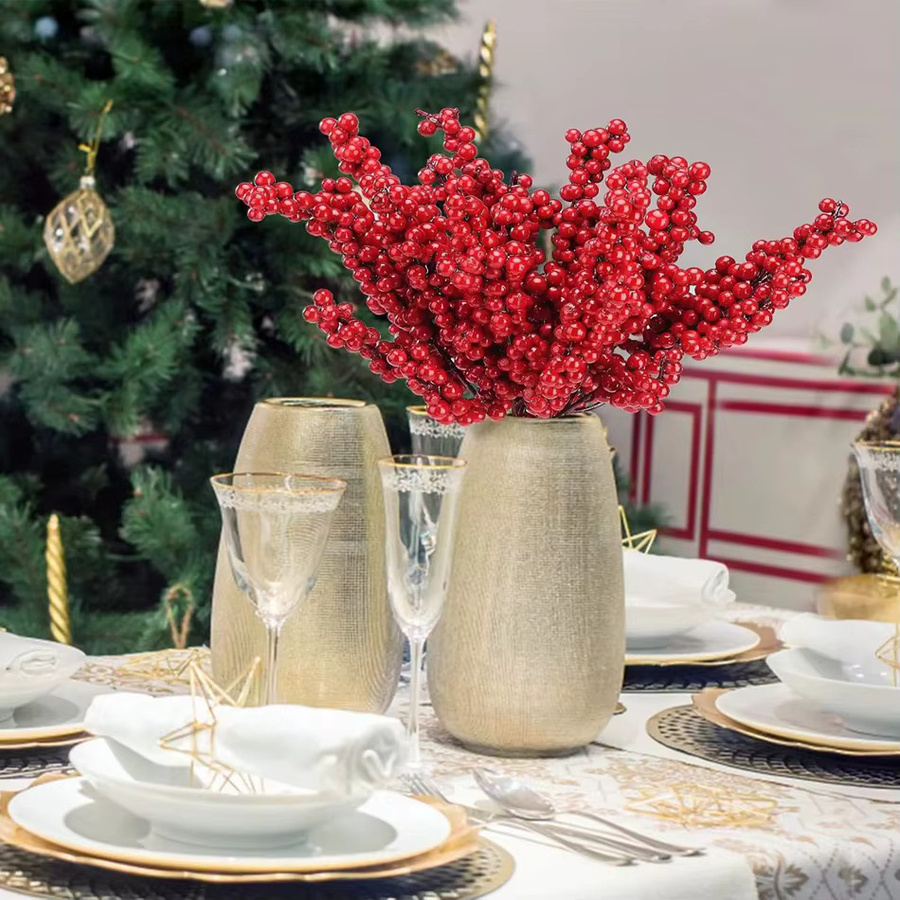 XIAOYINMO Künstliche Stechpalmen mit roten Früchten für Weihnachten und Hochzeitsdekoration, 10 Stück, Rot - Bild 4
