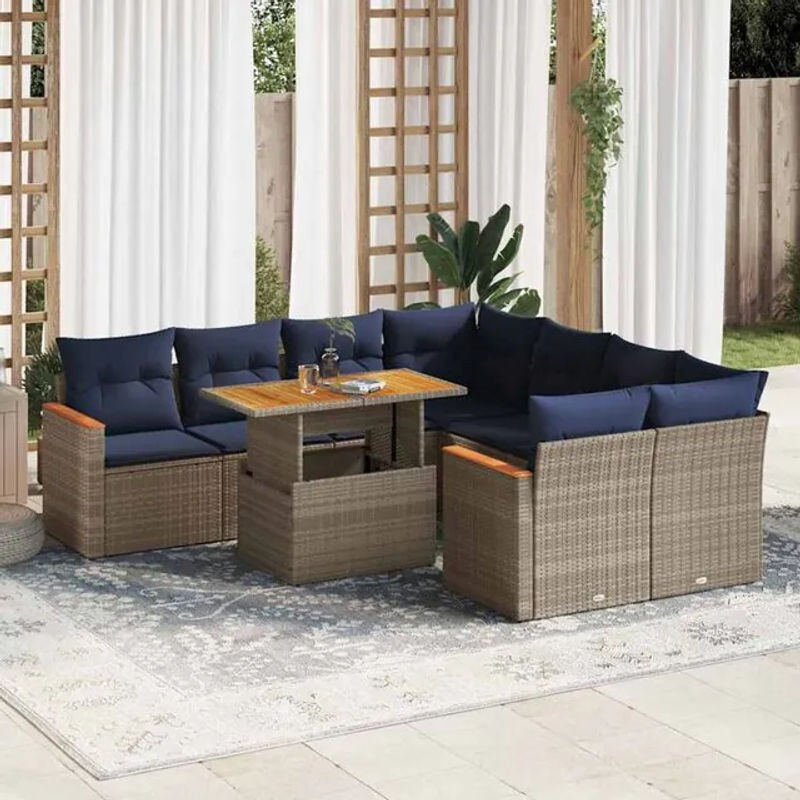 9-teilige moderne Garten-Sofagarnitur mit Kissen aus grauem Poly-Rattan von vidaxl - Bild 1