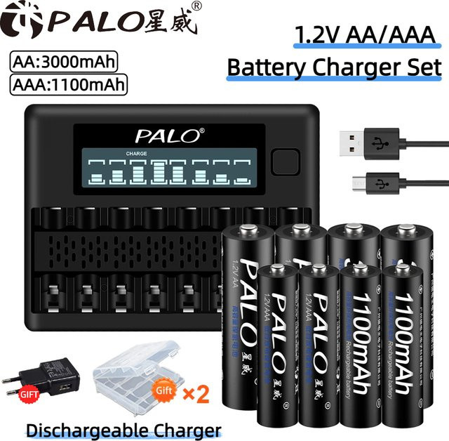 PALO Wiederaufladbares Batterieladegerät-Set in Schwarz mit 8 Slots und AA 3000mAh sowie AAA 1100mAh Akkus - Bild 1