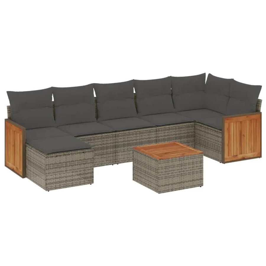 vidaXL 8-teilige Garten-Sofagarnitur in L-Form aus grauem Poly-Rattan mit Kissen und Akazienholz - Bild 2