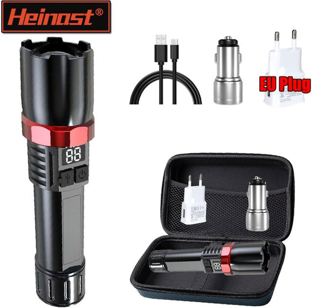 Heinast LED Taschenlampe in Schwarz, wiederaufladbare Arbeitsleuchte mit Zoom und Batterieanzeige, wasserdichte Notfalllampe aus Aluminium für Garten und Camping - Bild 1