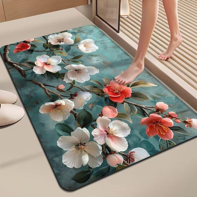 Yiran Furniture Badezimmer-Fußmatte mit Blumenmuster, wasserabsorbierend und rutschfest, Diatomeenschlamm, B/B: 60 x 90 cm, Mehrfarbig - Bild 1