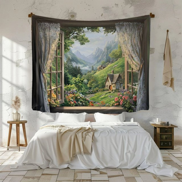 VIKAMA Wandteppich Hobbit Cottage Fensterblick Ländliche Talkulisse Multicolour B: 75,0 cm, H: 58,0 cm - Bild 1