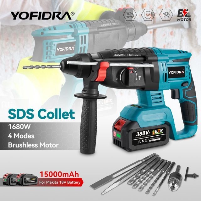 YOFIDRA Bürstenloser elektrischer Bohrhammer 26 mm, multifunktionaler Akku-Rotationsbohrhammer kompatibel mit Makita 18 V LXT Batterien - Bild 1