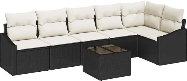 vidaXL Garten-Sofa-Set 7-teilig aus Poly Rattan in Schwarz mit Polsterung und Tisch im L-Shape Design - Bild 1