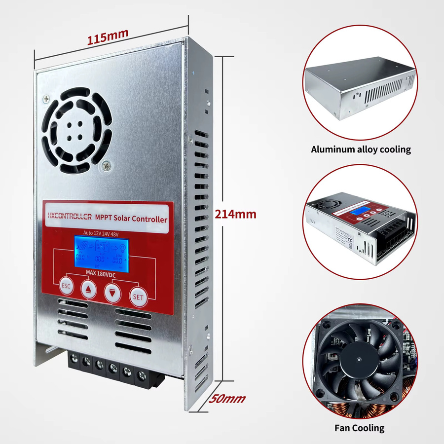 HXCONTROLLER MPPT Solar Panel Laderegler 60A mit Lüfter für 12V 24V 48V Solar-Systeme, 2800W 180VDC, Farbe: Rot/Silber - Bild 3