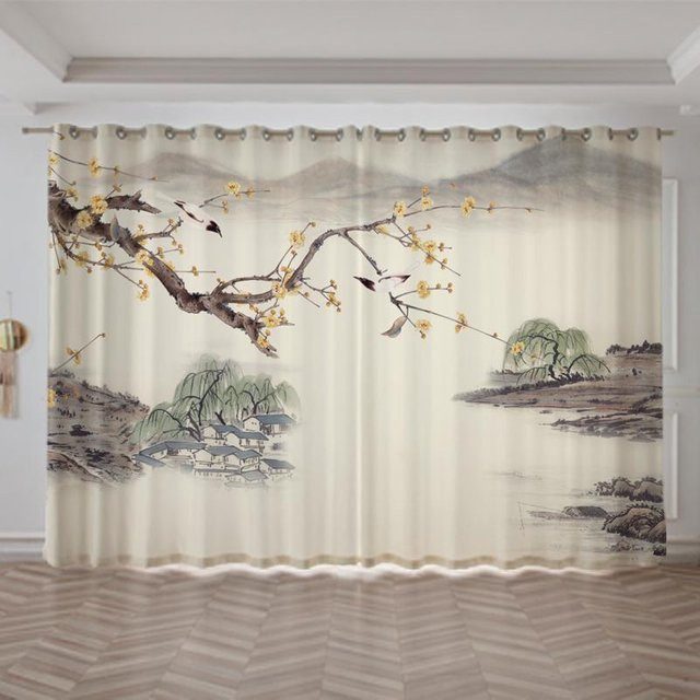 Yiran Furniture Vorhang mit chinesischer Fluss-Berg-Landschaftsmalerei, 2 Paneele, semi-transparent, beige, B: 100 cm, H: 130 cm - Bild 1