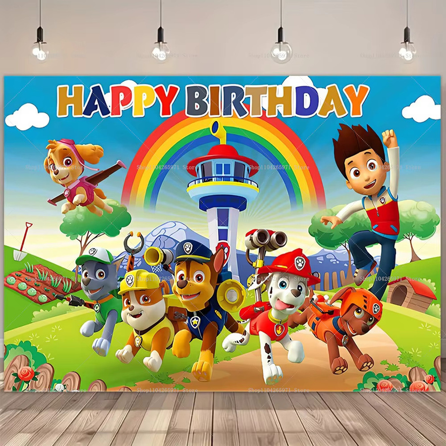 Paw Patrol Geburtstagsparty Hintergrunddekoration mit Welpen-Illustration, buntes Poster für Kinder und Babypartys, B/H: 150 x 100 cm - Bild 1