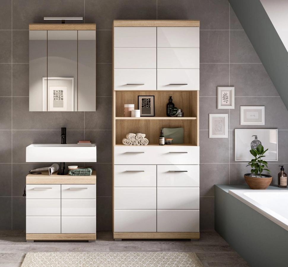 Inn.Furn Badmöbel Set Mambo 3-teilig in Weiß Hochglanz und Eiche mit Waschtischunterschrank, Spiegelschrank und Hochschrank - Bild 3