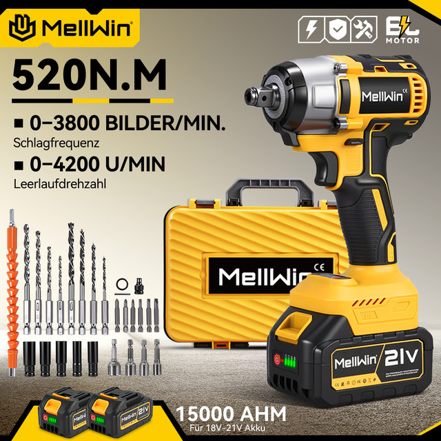 MELLWIN 3-in-1 Bürstenloser Elektroschraubendreher-Satz mit 520 N.m Drehmoment, Akku-Schlagschrauber und elektrischer Bohrschrauber, kompatibel mit Makita 18V Akku-Pin - Bild 1