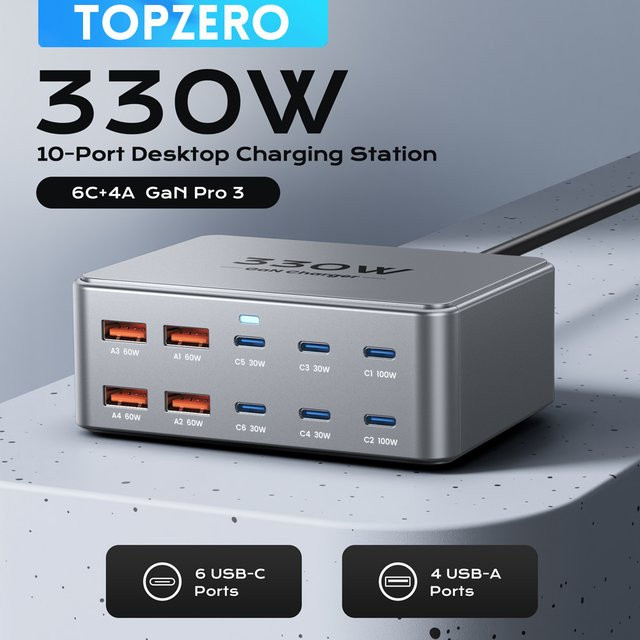 TOPZERO GaN USB-C Schnellladestation 330W mit 100W PD3.0 PPS QC3.0 Multiport Ladegerät in Silber - Bild 1