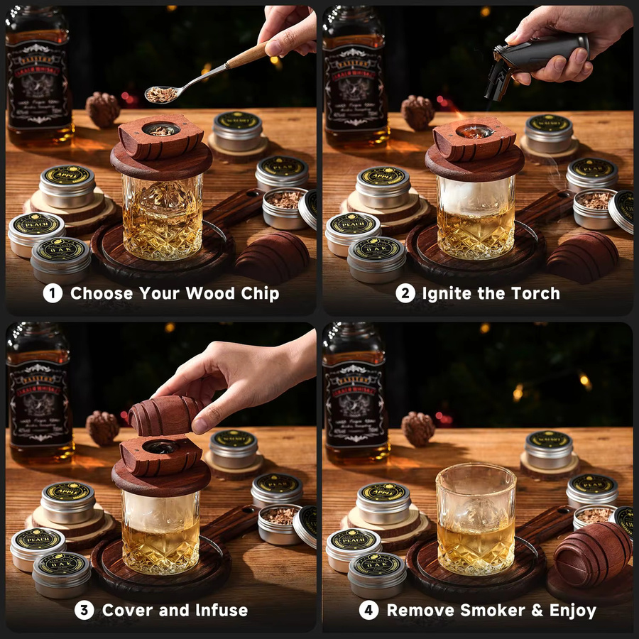 Untior Cocktail-Fass-Räucher-Set aus Holz in Braun mit 4 Geschmacksrichtungen und Holzspänen für Whisky und Cocktails - Bild 4