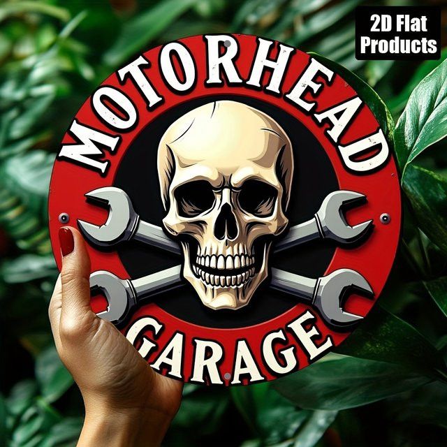 Rundes Wandschild Potdemiel im Vintage-Stil mit Motorrad-Schädel-Motiv aus Aluminium und Metall - Bild 1