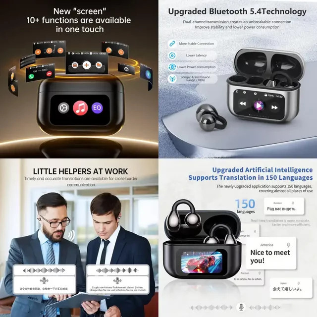 UYUXIO KI-Sprachübersetzungs-Kopfhörer mit LCD-Display, Bluetooth In-Ear Ohrhörer für Echtzeit-Übersetzungen in 150 Sprachen, Schwarz - Bild 1