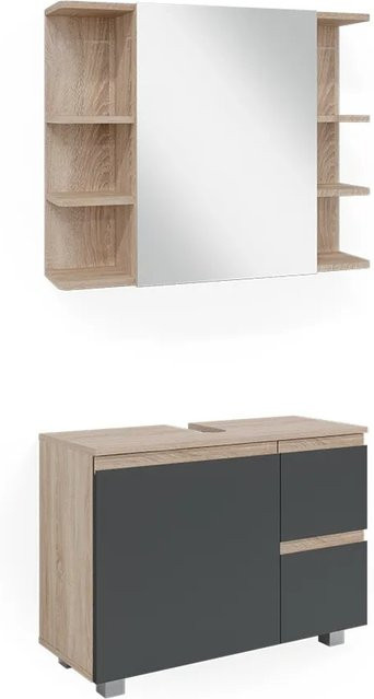 Vicco Badmöbelset J-Shape in Sonoma und Anthrazit, modernes 2-teiliges Badezimmer-Set mit Waschtischunterschrank und Spiegelschrank, B/H/T: 80,0 x 60,0 x 35,92 cm - Bild 2