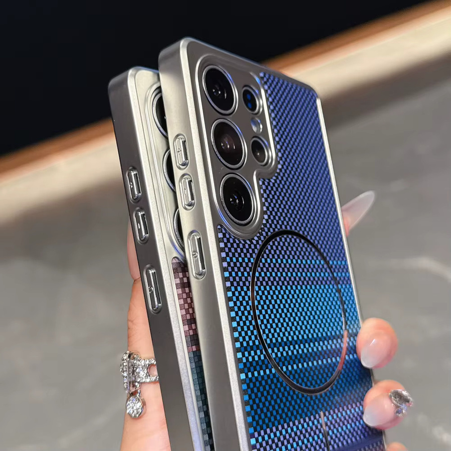 Samsung Handyhülle mit karierter Kohlefaser und integriertem Magnetring für Galaxy S26 Ultra, S25 Edge, S25 und S24 Ultra in Schwarz und Grün - Bild 2