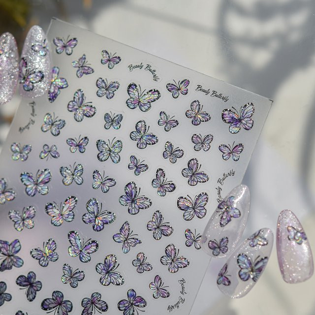 NAILFYOU Nagelaufkleber Schmetterling, Blau Rosa Lila, Schimmernd - Bild 1
