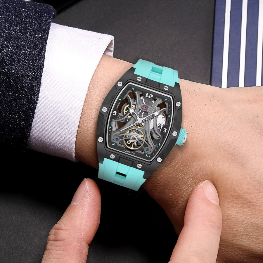 MEGIR Armbanduhr Automatik, Tonneau-Skelettzifferblatt, Silikon, Herren - Bild 2