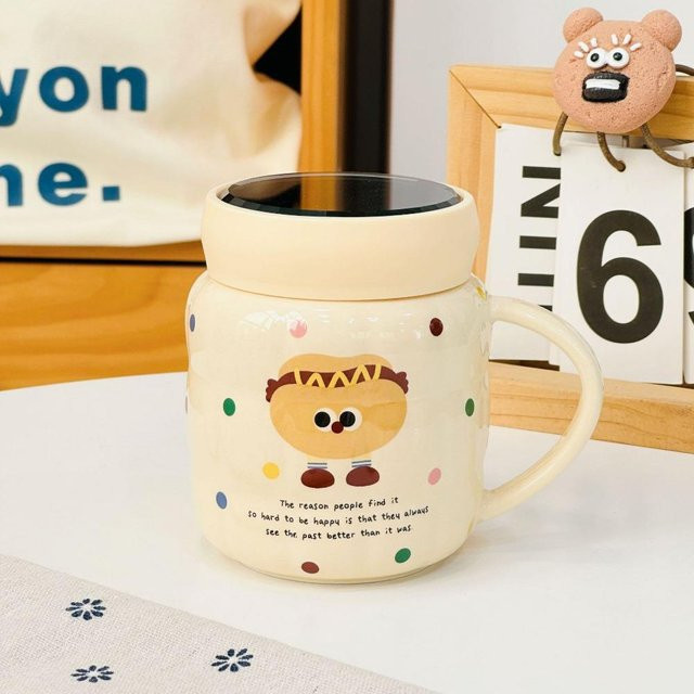 Yiran Furniture Keramiktasse mit Deckel und Löffel im Hase-Cartoon-Design, Rosa und Weiß, 350 ml - Bild 1