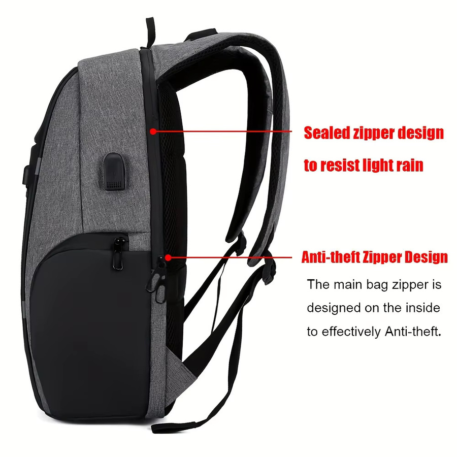 FXZLLQ Anti-Diebstahl Laptop Rucksack für Herren, Business Reise-Umhängetasche mit USB-C Anschluss, Grau, 15 Zoll - Bild 4