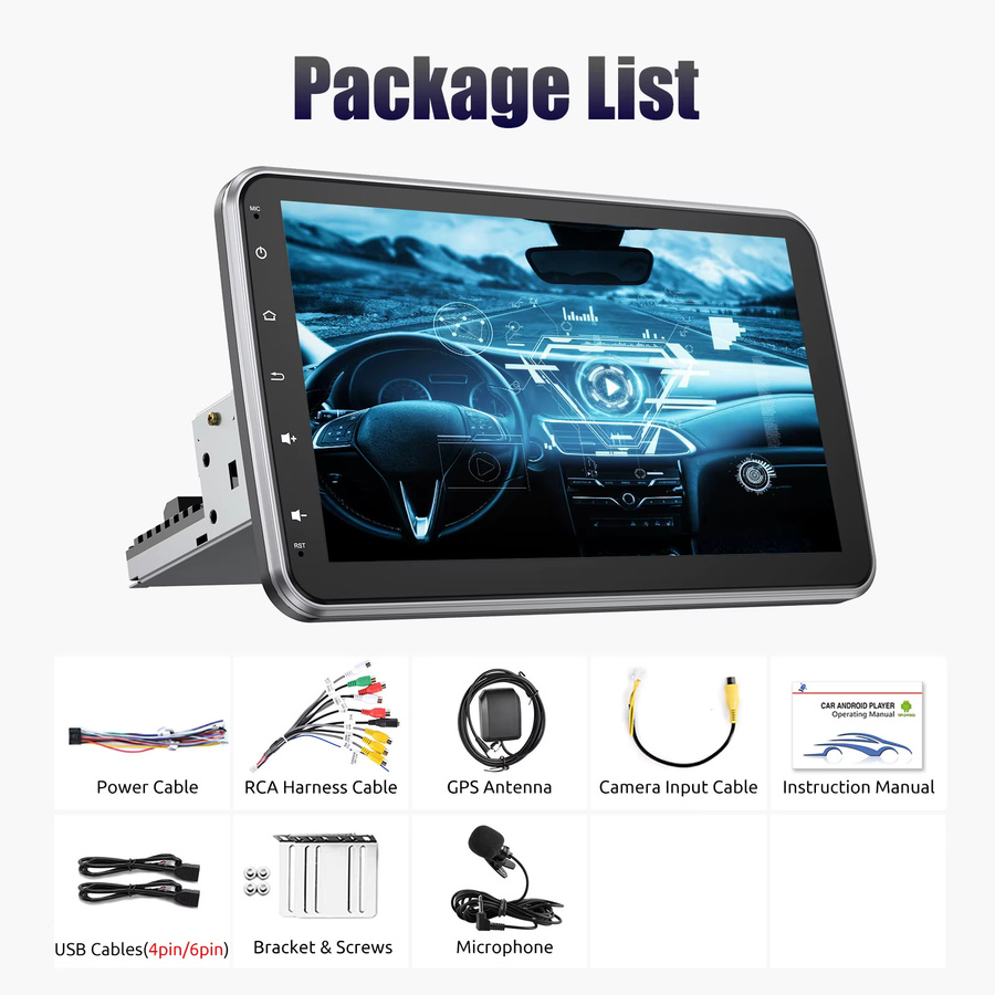 ESSGOO 10,1 Zoll Android 15 1-DIN Autoradio mit 360 Grad drehbarem Bildschirm, 4+64G Speicher, kabelloses CarPlay und Android Auto, GPS, Bluetooth, WLAN und Mikrofon in Schwarz - Bild 7