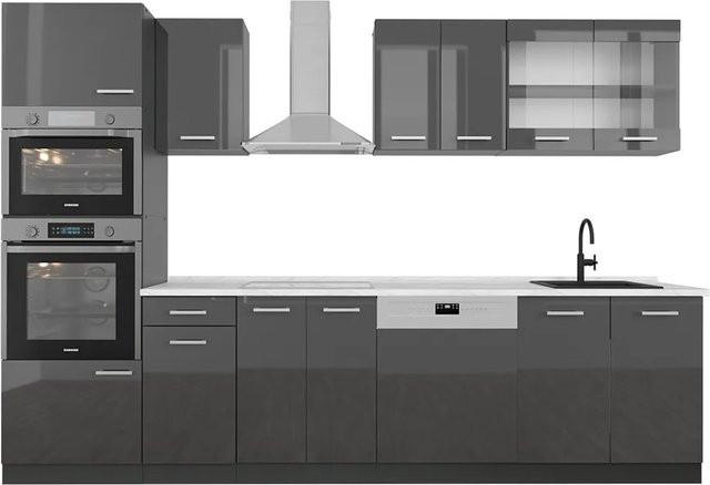 Vicco R-Line Küchenzeile in Anthrazit Hochglanz mit Hochschrank und Marmor-Arbeitsplatte, Breite: 300 cm - Bild 1