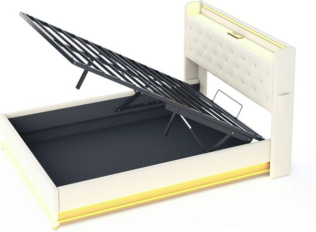 okwish Polsterbett mit LED, USB-Anschluss und hydraulischem Stauraum in Beige, B/T/H: 140 x 200 x 146 cm - Bild 1