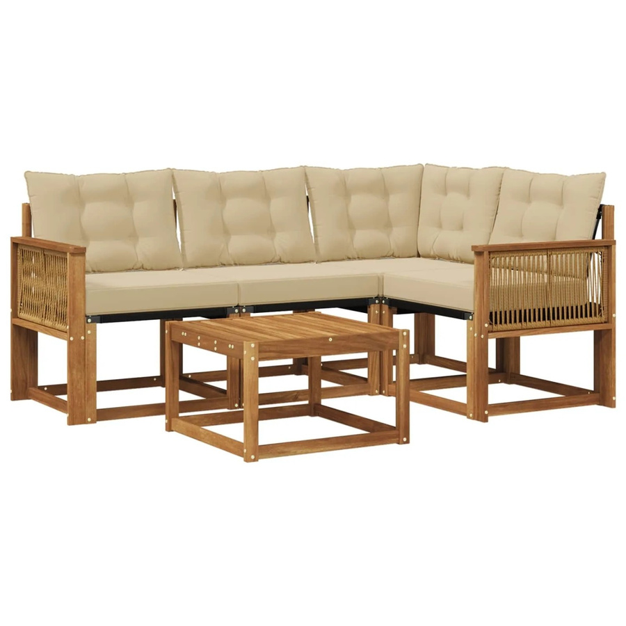 vidaXL Outdoor-Sofagarnitur in L-Form aus Akazienholz mit Textilene und 5 Kissen in Natur und Beige - Bild 2