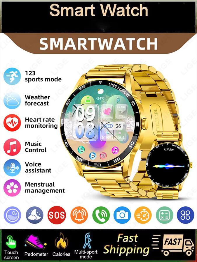 LIGE Smartwatch, Edelstahl, Gold, Schwarz, Herren - Bild 7