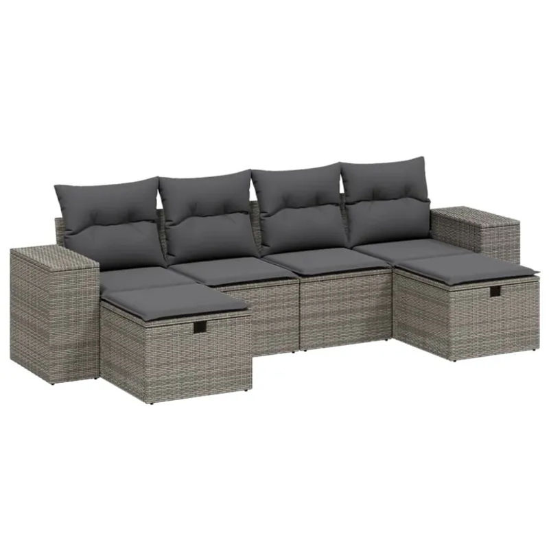 vidaXL 6-teilige Garten-Sofagarnitur in L-Form aus Poly Rattan und Metall in Grau mit Kissen und Ottoman - Bild 2