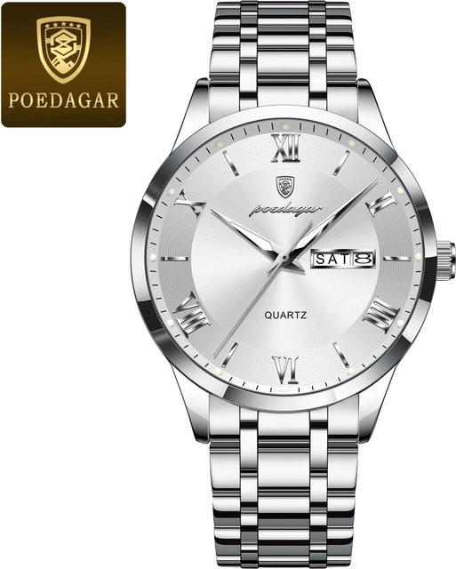 POEDAGAR Armbanduhr, Quarz, Edelstahl, Silber, Weiß, Herren, 42 mm - Bild 1